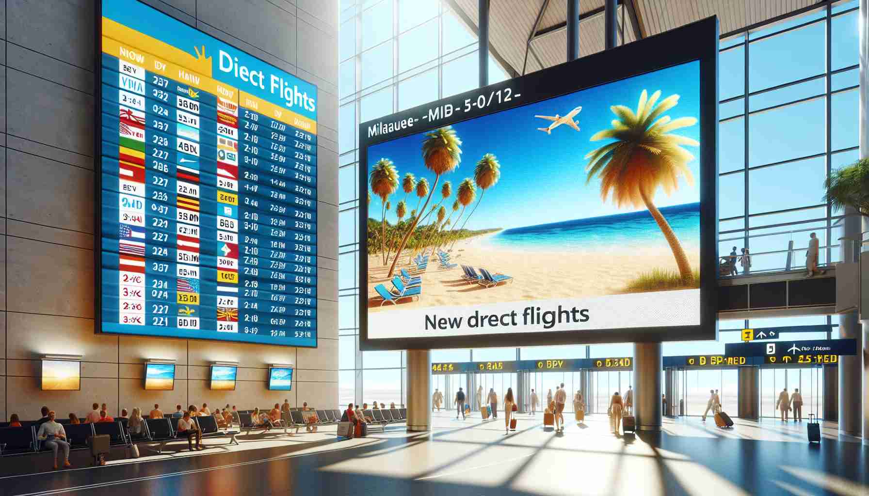 Realistic high-definition image of a bright digital billboard inside the airport in Milwaukee, displaying the announcement of new direct flights to various sunny holiday destinations. The board features the airport logo, flight numbers, departure times, along with pictures of sandy beaches, clear blue skies, and towering palm trees from these sunny locations. Passengers are wandering nearby, waiting for their flights.