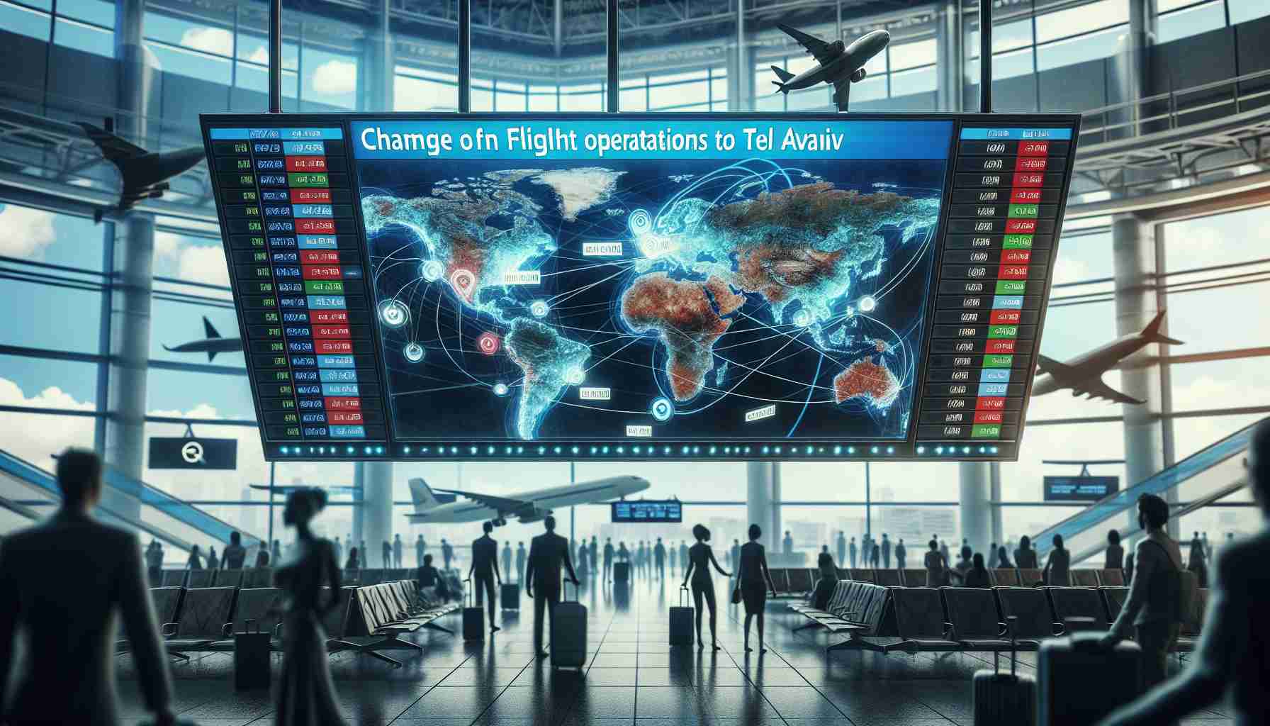 A high-definition, realistic image depicting an abstract concept of change in flight operations to Tel Aviv. It could be represented by a digital display board in an airport showing altered flight schedules and routes. The background can be filled with worried-looking passengers and staff indicating airline's response to regional unrest, encapsulating the tense atmosphere.