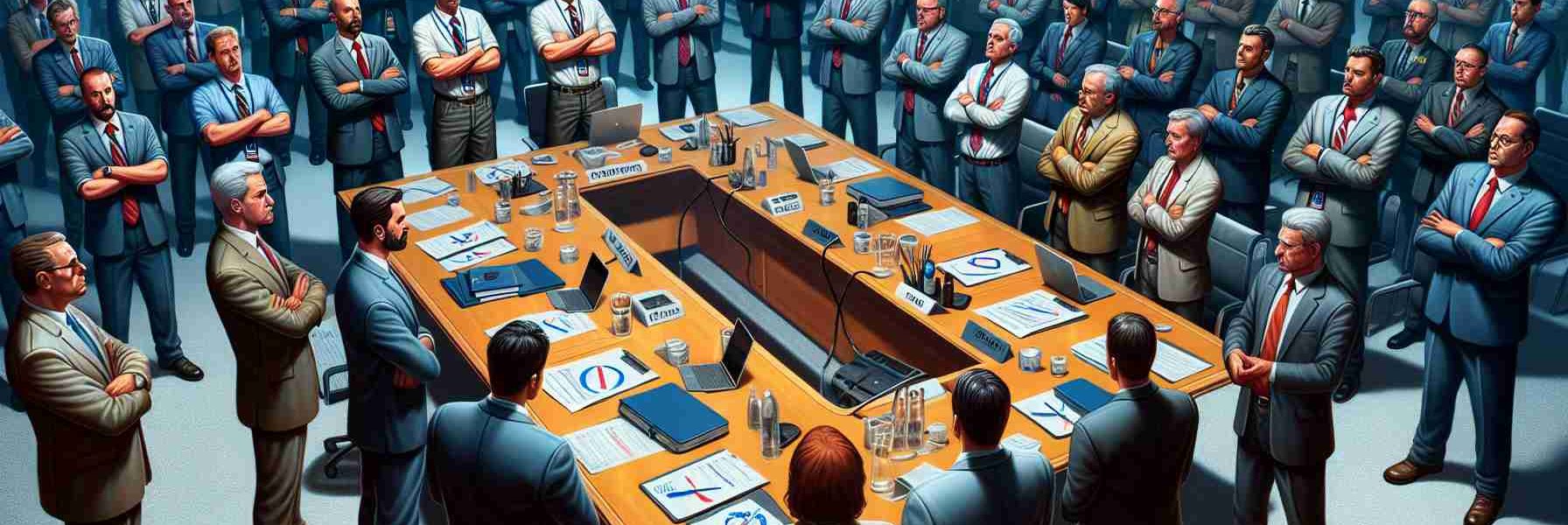 A realistic, vivid and high-definition illustration of a crowd of union representatives of an undisclosed airline tepidly refusing to participate in a covert meeting held by stakeholders. The scene is set in a large conference room with a long wooden table. Various papers and laptops are scattered about the table. Many union members are seen standing around the table, expressing their declination through body language - folded arms, firm stances, and stern expressions. Some are engaged in conversation while others are pensively silent.