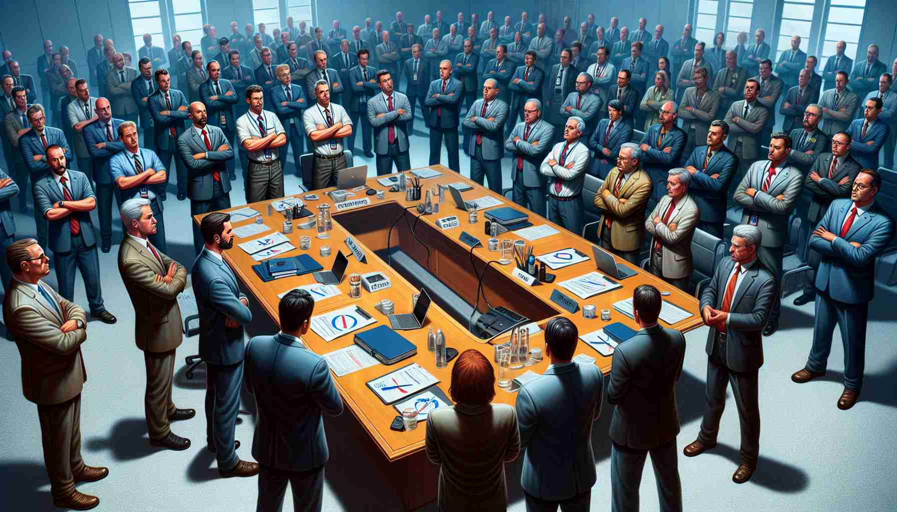 A realistic, vivid and high-definition illustration of a crowd of union representatives of an undisclosed airline tepidly refusing to participate in a covert meeting held by stakeholders. The scene is set in a large conference room with a long wooden table. Various papers and laptops are scattered about the table. Many union members are seen standing around the table, expressing their declination through body language - folded arms, firm stances, and stern expressions. Some are engaged in conversation while others are pensively silent.