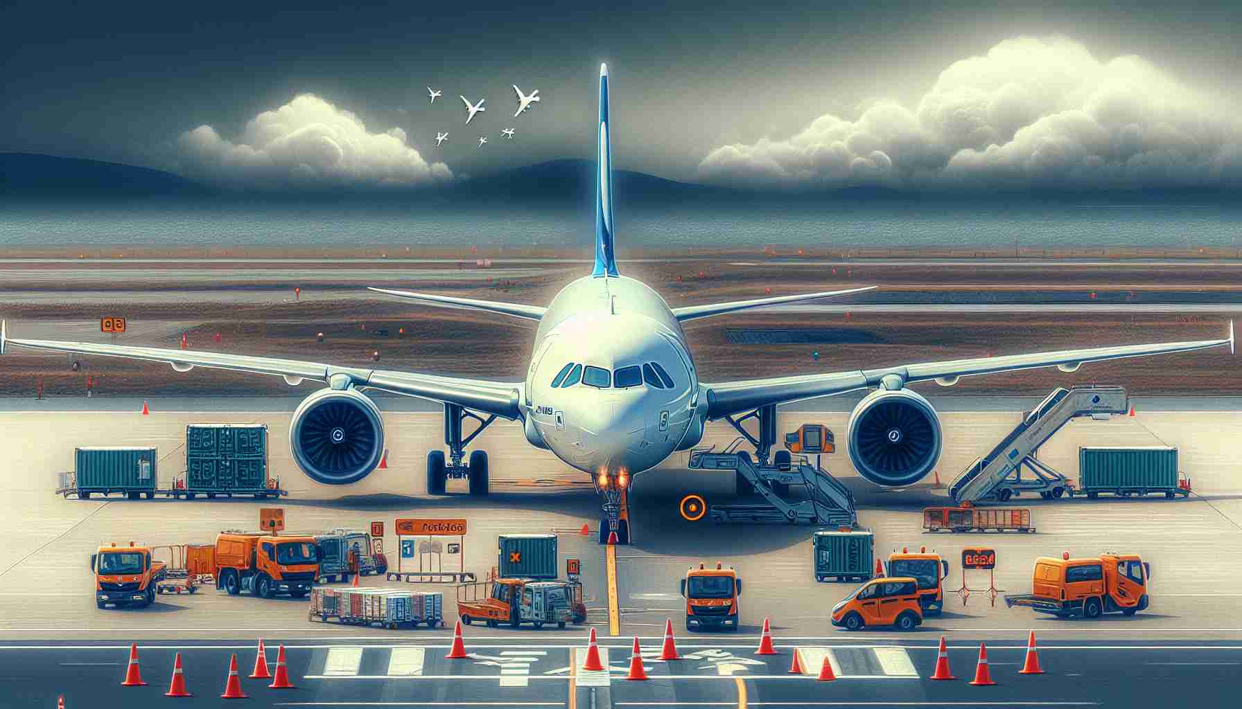 Generate a high-definition, realistic image depicting an Airbus airplane parked on a runway. The weather should be slightly overcast, symbolizing industry challenges. There should also be several safety cones and barriers around the airplane, indicating that it is taking a safety stand.