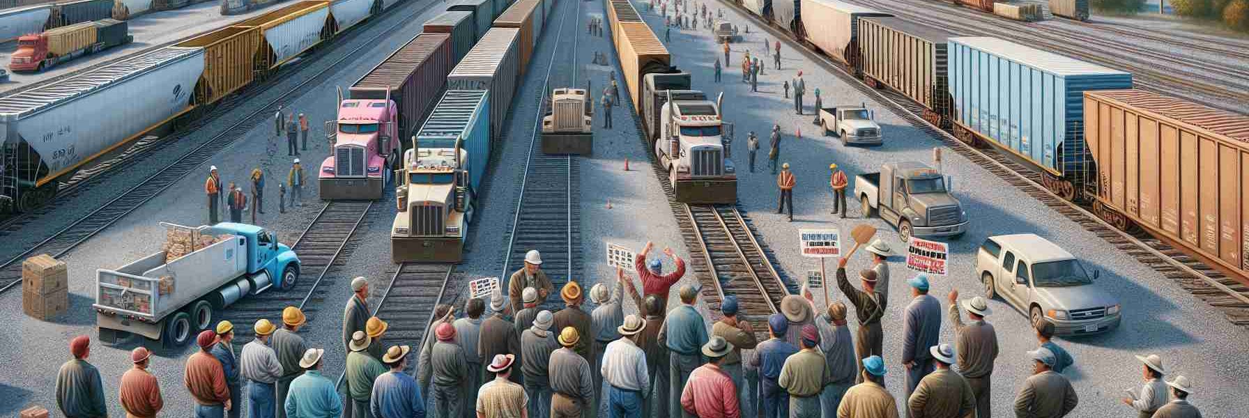 Detailed realistic HD image of a North American transportation scene depicting the aftermath of a rail worker's dispute. This scene includes idle freight trains, empty rail tracks stretching to the horizon, and a seemingly abandoned rail yard. Workers of various descents such as Caucasian, Hispanic, and Black, and genders are seen discussing intensely, holding placards showing their demands. Supply trucks are idling nearby indicating a shift in transport mode.