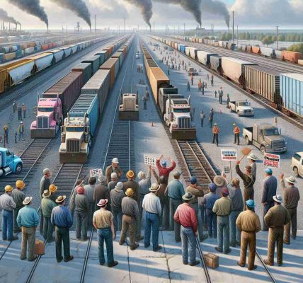 Detailed realistic HD image of a North American transportation scene depicting the aftermath of a rail worker's dispute. This scene includes idle freight trains, empty rail tracks stretching to the horizon, and a seemingly abandoned rail yard. Workers of various descents such as Caucasian, Hispanic, and Black, and genders are seen discussing intensely, holding placards showing their demands. Supply trucks are idling nearby indicating a shift in transport mode.