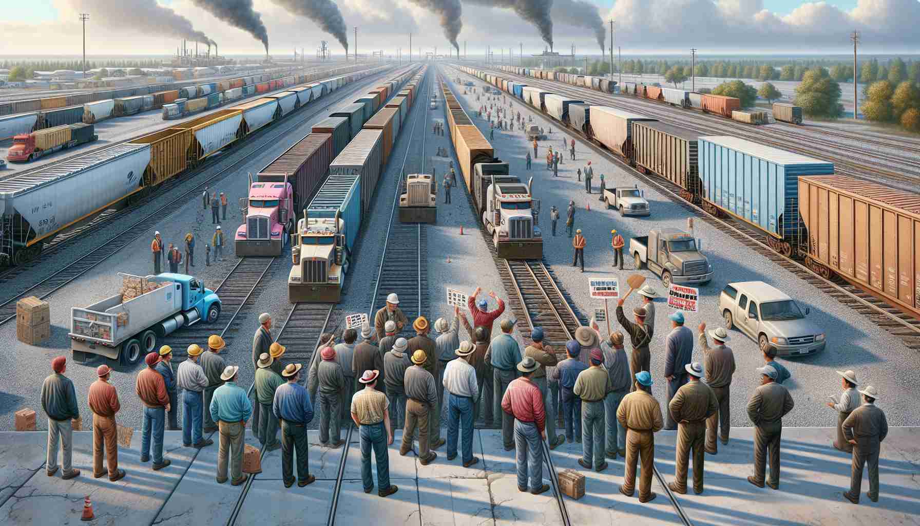 Detailed realistic HD image of a North American transportation scene depicting the aftermath of a rail worker's dispute. This scene includes idle freight trains, empty rail tracks stretching to the horizon, and a seemingly abandoned rail yard. Workers of various descents such as Caucasian, Hispanic, and Black, and genders are seen discussing intensely, holding placards showing their demands. Supply trucks are idling nearby indicating a shift in transport mode.