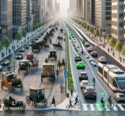 High definition, realistic depiction showcasing the evolution of urban transportation in modern cities. The image progressively possessing scenes of transformation from horse-drawn carriages on cobblestone roads, to early century trains and trams, to the surge of cars and buses during the mid-century, and culminating in the present-day prevision of green energy vehicles, electric buses, bicycles, and pedestrians in designated lanes. Please also show futuristic elements of emerging technologies, including hyperloops, autonomous vehicles, and drones. It's a great way to study the juxtaposition of the past, present, and future of urban transportation development.