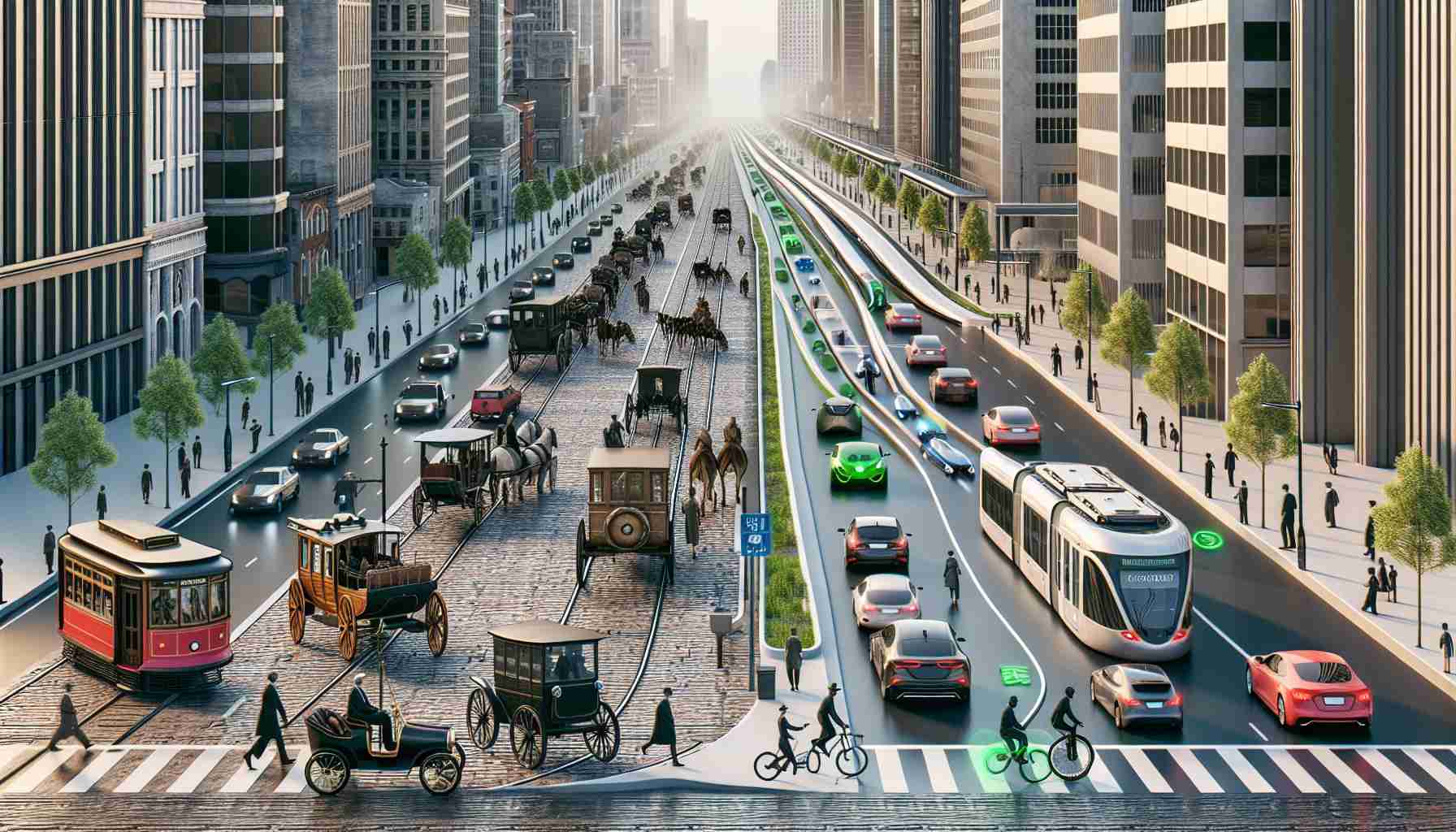 High definition, realistic depiction showcasing the evolution of urban transportation in modern cities. The image progressively possessing scenes of transformation from horse-drawn carriages on cobblestone roads, to early century trains and trams, to the surge of cars and buses during the mid-century, and culminating in the present-day prevision of green energy vehicles, electric buses, bicycles, and pedestrians in designated lanes. Please also show futuristic elements of emerging technologies, including hyperloops, autonomous vehicles, and drones. It's a great way to study the juxtaposition of the past, present, and future of urban transportation development.