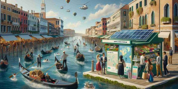 High-definition image illustrating the concept of revolutionizing tourism in Venice. It should depict sustainable tourism practices. Include a gondola outfitted with solar panels sailing in the Venice canal, a map stand featuring eco tour routes, and tourists carrying reusable water bottles. The scenery should retain its old-world charm but with noticeable implementation of new-age solutions. Display a diverse range of tourists in terms of descent and gender - a Black female, a Middle-Eastern male, and a South Asian couple. Maintain a splash of traditional Venetian elements like the vivid architecture and vibrant marketplaces, subtly balanced with innovative facets.