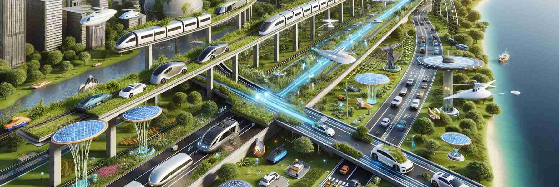 A realistic image in high definition showing futuristic travel solutions. A variety of futuristic vehicles are seen, such as autonomous electric cars on smart roads, high-speed magnetic levitation trains, aerial taxis, and solar-powered ships. The transportation structures incorporate elements like renewable energy sources, greenery for carbon sequestration, smart traffic control systems, and advanced navigation technologies. The scene depicts a balance of urban and natural landscapes, thus indicating careful planning and sustainable development in the future of transportation.