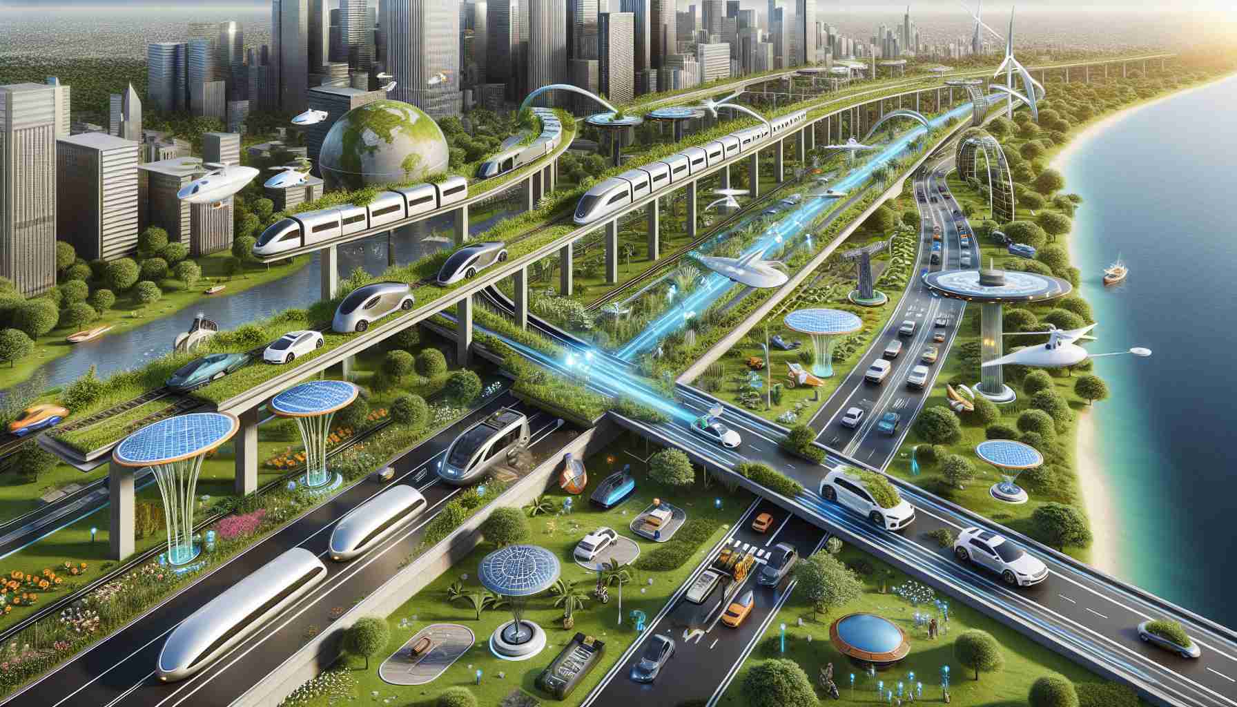 A realistic image in high definition showing futuristic travel solutions. A variety of futuristic vehicles are seen, such as autonomous electric cars on smart roads, high-speed magnetic levitation trains, aerial taxis, and solar-powered ships. The transportation structures incorporate elements like renewable energy sources, greenery for carbon sequestration, smart traffic control systems, and advanced navigation technologies. The scene depicts a balance of urban and natural landscapes, thus indicating careful planning and sustainable development in the future of transportation.