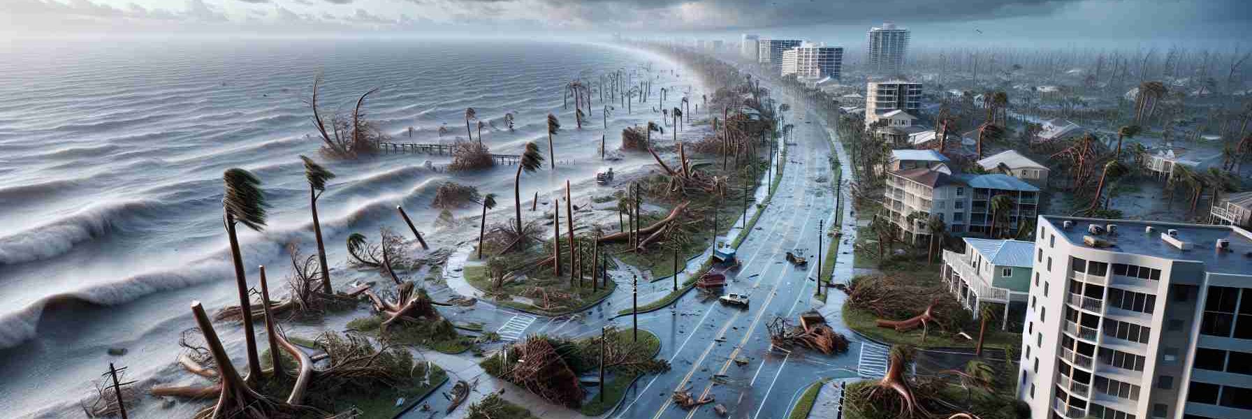 Realistic, high-definition image depicting the aftermath of a powerful storm in Florida. The scene includes the expansive coastline, with the ocean appearing tumultuous. Raw expressions of the elements are evident with uprooted trees, fallen branches, and scattered debris. The sky still holds the remnants of the storm, with dark, ominous clouds hovering. Buildings and houses show signs of damage yet stand resilient. Empty streets bear signs of the storm's passage, revealing drenched pavements and stray puddles. Amidst this scene, there's an inherent sense of calm following the storm.