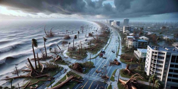 Realistic, high-definition image depicting the aftermath of a powerful storm in Florida. The scene includes the expansive coastline, with the ocean appearing tumultuous. Raw expressions of the elements are evident with uprooted trees, fallen branches, and scattered debris. The sky still holds the remnants of the storm, with dark, ominous clouds hovering. Buildings and houses show signs of damage yet stand resilient. Empty streets bear signs of the storm's passage, revealing drenched pavements and stray puddles. Amidst this scene, there's an inherent sense of calm following the storm.