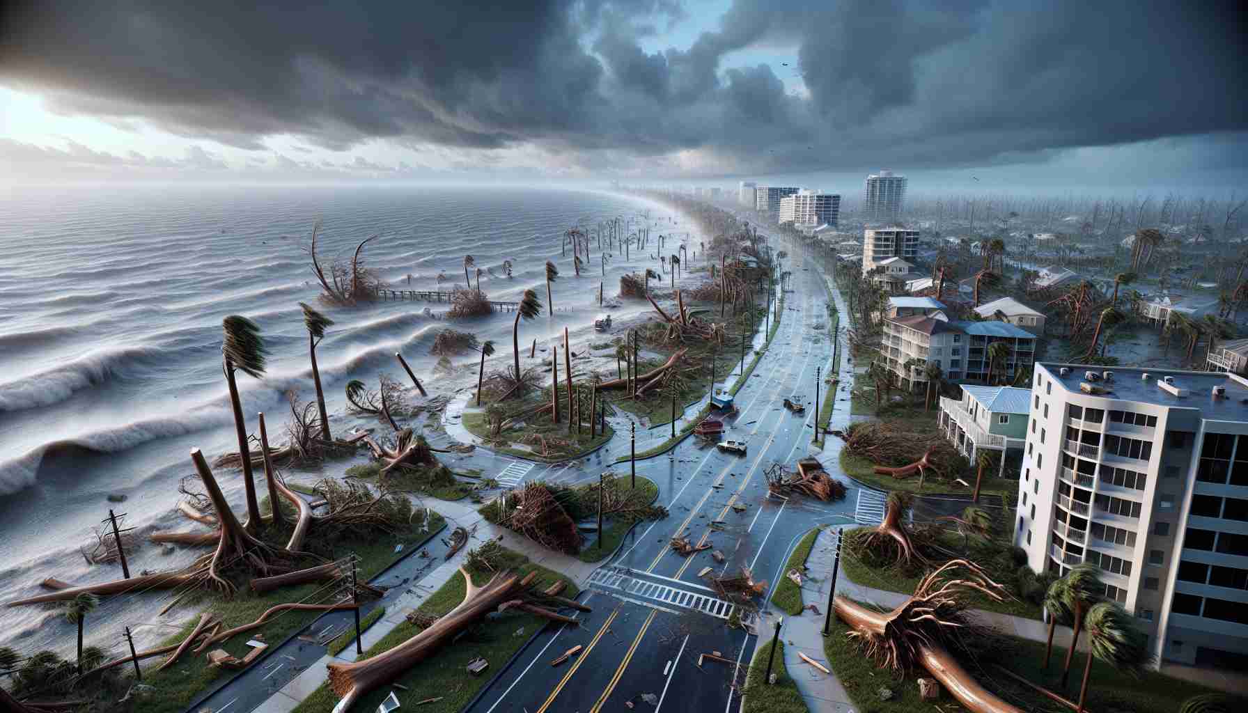 Realistic, high-definition image depicting the aftermath of a powerful storm in Florida. The scene includes the expansive coastline, with the ocean appearing tumultuous. Raw expressions of the elements are evident with uprooted trees, fallen branches, and scattered debris. The sky still holds the remnants of the storm, with dark, ominous clouds hovering. Buildings and houses show signs of damage yet stand resilient. Empty streets bear signs of the storm's passage, revealing drenched pavements and stray puddles. Amidst this scene, there's an inherent sense of calm following the storm.