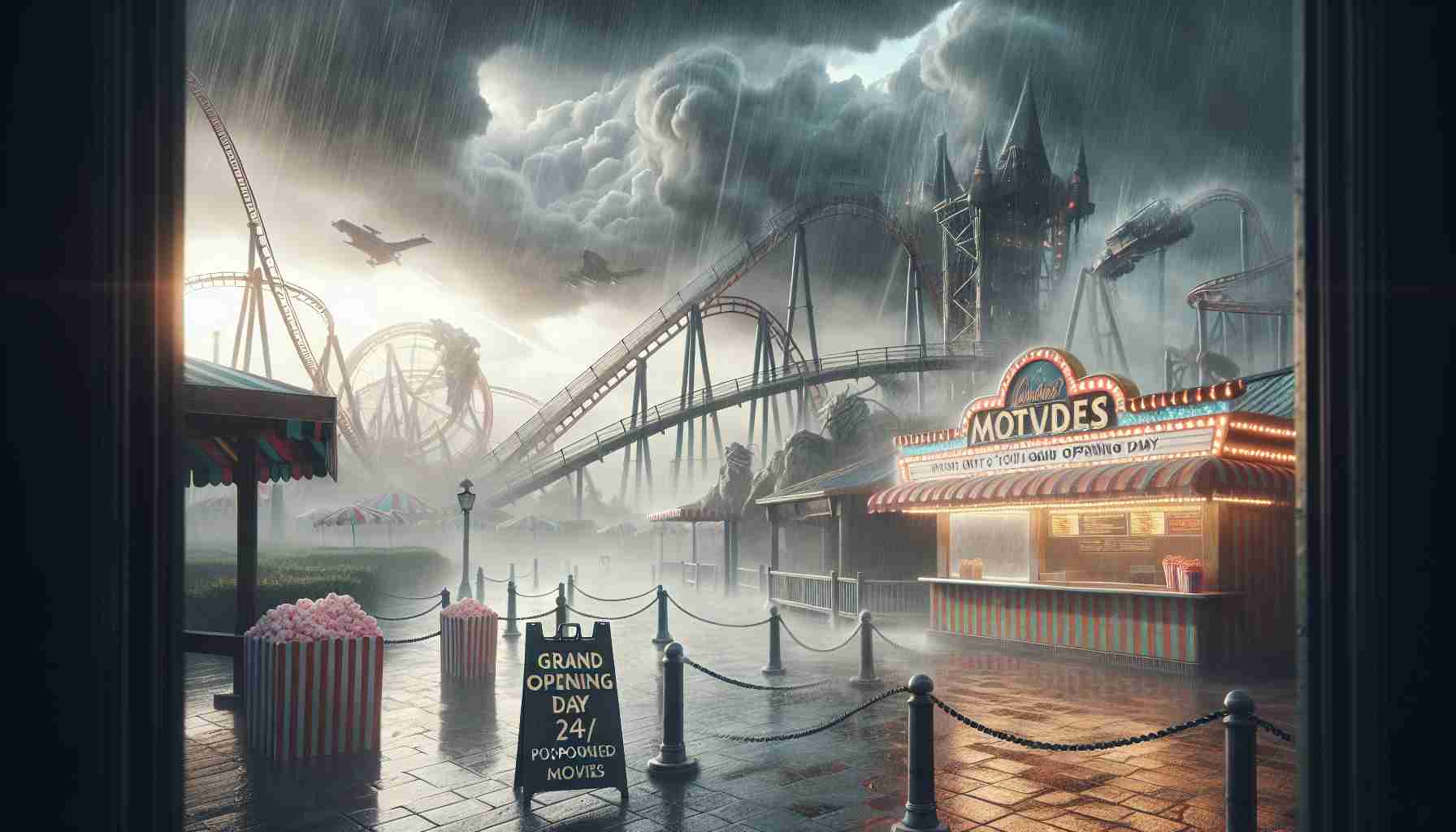 Create a realistic, high definition image of a recently constructed theme park inspired by movies. The scene should depict the grand opening day being postponed. Show overcast skies with dark ominous clouds, heavy rains pouring down, and winds sweeping through the empty park walkways. Include details such as roller coasters, popcorn and cotton candy stands, and abandoned park maps fluttering in the wind. Add signage indicating that the launch has been postponed due to the bad weather.