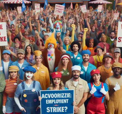 High definition, hyper-realistic photo of a diverse group of theme park employees from varying occupations - including ride operators, costume characters, and food vendors - holding a collective gathering. They are expressing unity and solidarity, showcasing their empowerment to enact change through their voting power. They are holding placards and signs indicating their decision to authorize an employment strike.