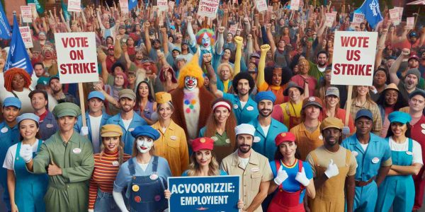 High definition, hyper-realistic photo of a diverse group of theme park employees from varying occupations - including ride operators, costume characters, and food vendors - holding a collective gathering. They are expressing unity and solidarity, showcasing their empowerment to enact change through their voting power. They are holding placards and signs indicating their decision to authorize an employment strike.