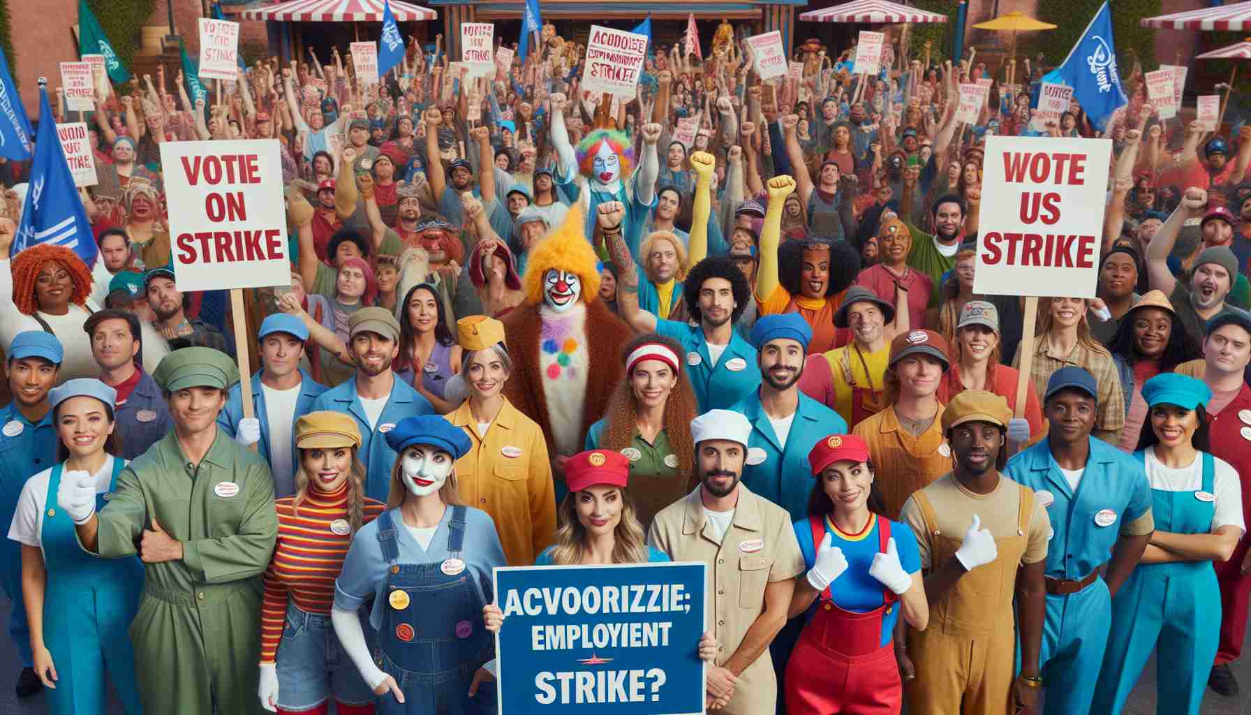 High definition, hyper-realistic photo of a diverse group of theme park employees from varying occupations - including ride operators, costume characters, and food vendors - holding a collective gathering. They are expressing unity and solidarity, showcasing their empowerment to enact change through their voting power. They are holding placards and signs indicating their decision to authorize an employment strike.