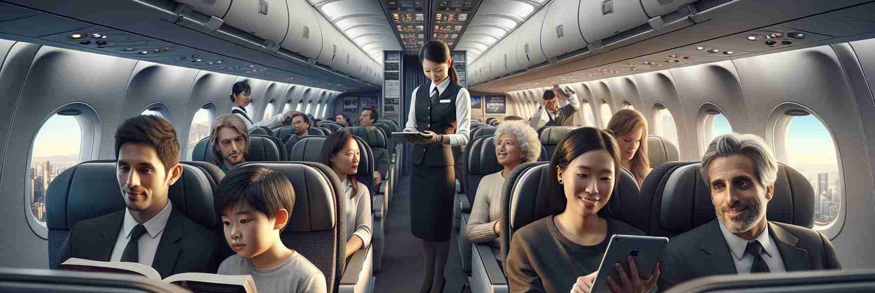 An HD, realistic image of a Cathay Pacific aircraft showcasing its comfortable interior. The passengers appear content and relaxed, even as crew members work efficiently to address technical challenges. Depict a range of diverse individuals: a Caucasian male reading a novel, a Black female flight attendant troubleshooting a technological issue, a South Asian couple playing a game on a tablet, a Middle-Eastern child peering curiously at the overhead compartments. Through the window, the skyline gradually fades from daylight to twilight.