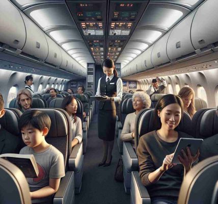 An HD, realistic image of a Cathay Pacific aircraft showcasing its comfortable interior. The passengers appear content and relaxed, even as crew members work efficiently to address technical challenges. Depict a range of diverse individuals: a Caucasian male reading a novel, a Black female flight attendant troubleshooting a technological issue, a South Asian couple playing a game on a tablet, a Middle-Eastern child peering curiously at the overhead compartments. Through the window, the skyline gradually fades from daylight to twilight.