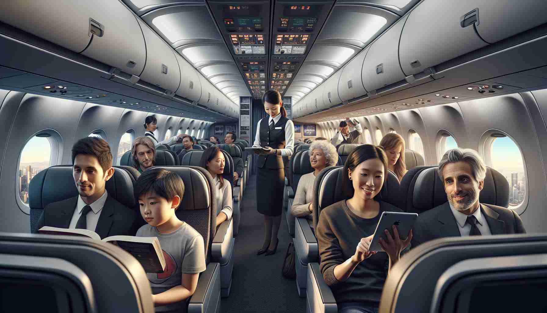 An HD, realistic image of a Cathay Pacific aircraft showcasing its comfortable interior. The passengers appear content and relaxed, even as crew members work efficiently to address technical challenges. Depict a range of diverse individuals: a Caucasian male reading a novel, a Black female flight attendant troubleshooting a technological issue, a South Asian couple playing a game on a tablet, a Middle-Eastern child peering curiously at the overhead compartments. Through the window, the skyline gradually fades from daylight to twilight.