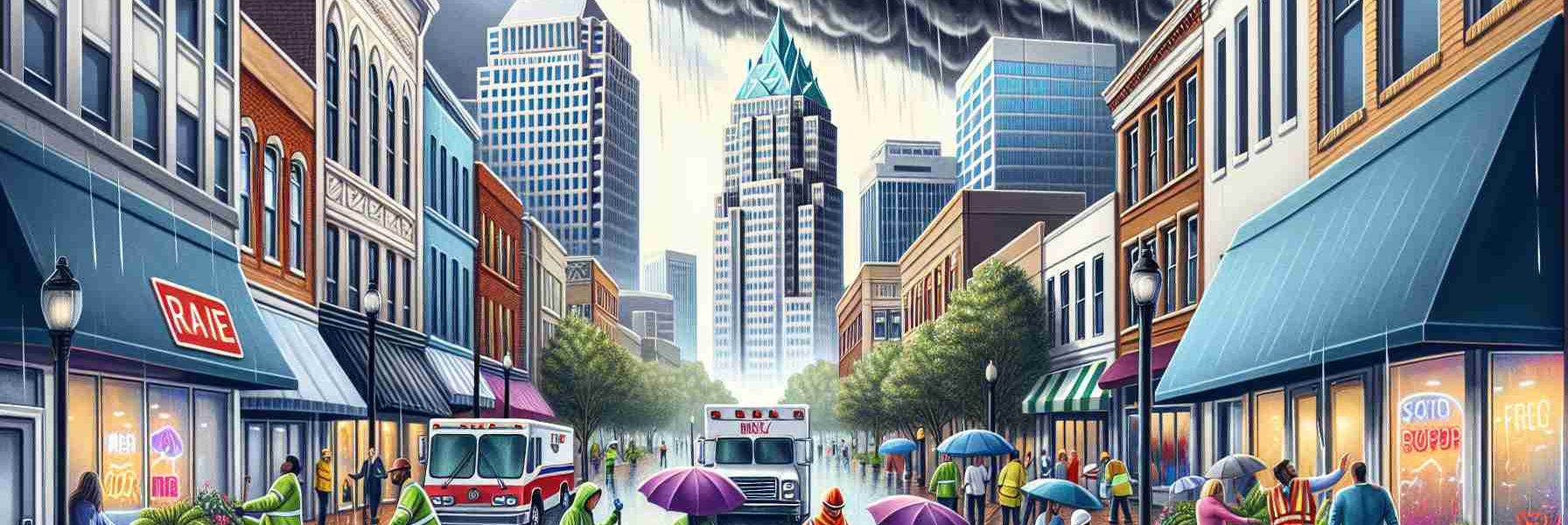 Create a realistic HD image illustrating the city of Raleigh prepping for an impending severe storm. Show details such as shopkeepers securing their storefronts, pedestrians with raincoats and umbrellas bracing for the rain, city workers making necessary preparations, and dark storm clouds building in the sky.