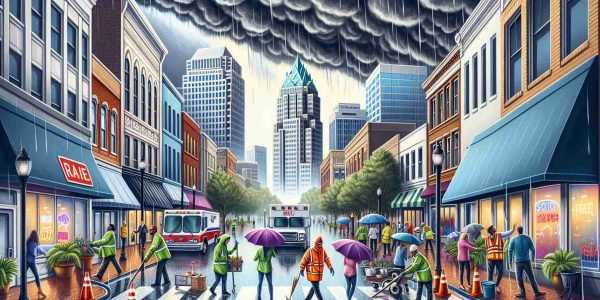 Create a realistic HD image illustrating the city of Raleigh prepping for an impending severe storm. Show details such as shopkeepers securing their storefronts, pedestrians with raincoats and umbrellas bracing for the rain, city workers making necessary preparations, and dark storm clouds building in the sky.