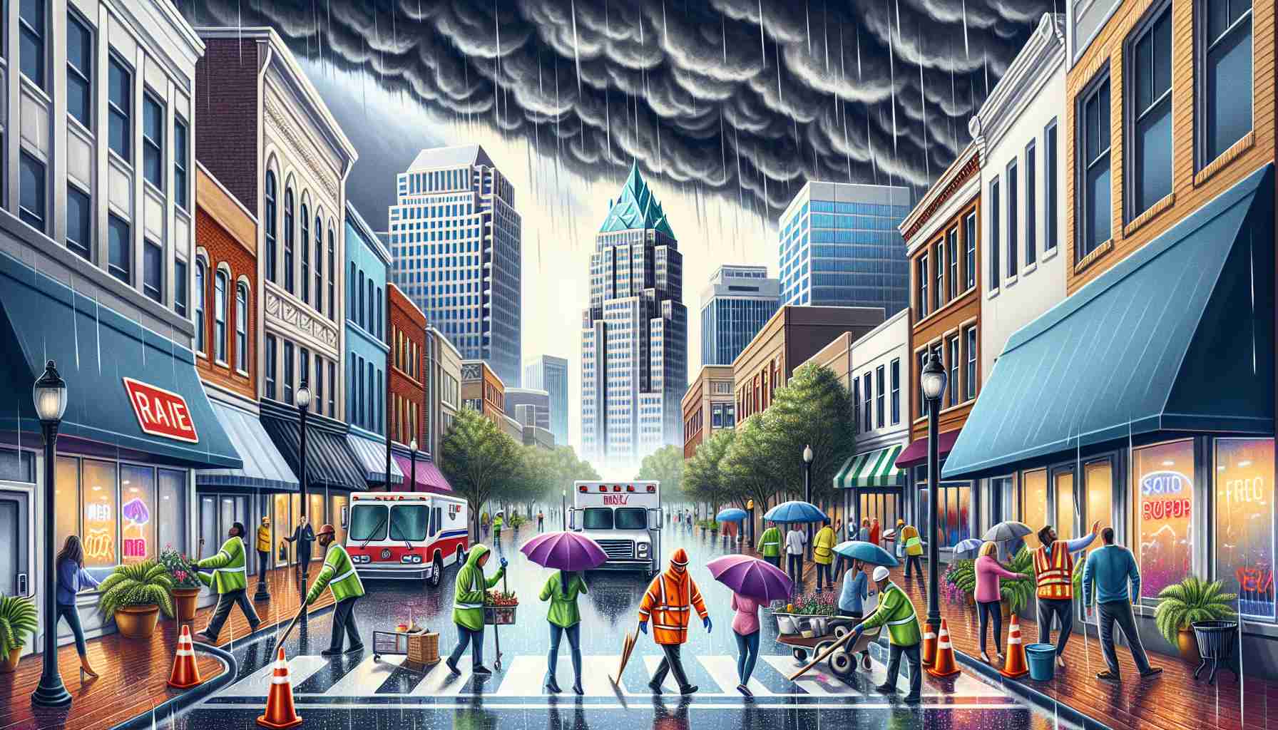 Create a realistic HD image illustrating the city of Raleigh prepping for an impending severe storm. Show details such as shopkeepers securing their storefronts, pedestrians with raincoats and umbrellas bracing for the rain, city workers making necessary preparations, and dark storm clouds building in the sky.