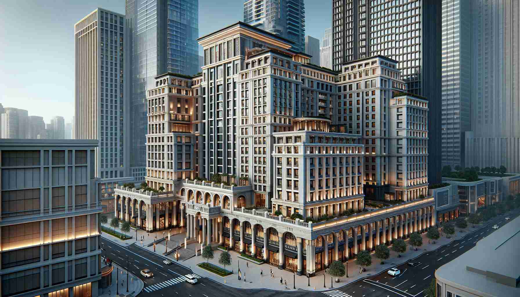 Realistic HD image of a luxurious hotel located in the heart of a bustling city, identifiable by its imposing and prestigious architecture. The building should be grand, styled with modern elegance and sophisticated decor. Prominent features could include high-rise pillars, expansive glass windows, and finely detailed archways. The premises should exude extravagance, feeling more like a haven amidst the urban chaos.