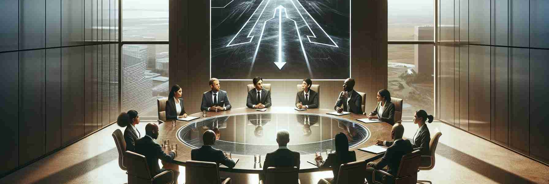 Generate a high-definition, realistic image illustrating the concept of a new leadership paradigm forcing changes within a company's direction. Depict a large corporate room with a round table in the middle. Seated around the table are executives of multiple descents and genders equally distributed - South Asian woman, Middle-Eastern man, Black woman, Caucasian man, Hispanic woman engaged in a serious discussion. There should be a transparent chalkboard where one of the executives is drawing a diverging path, symbolizing the new direction of the company. The ambience should communicate a powerful, transitional moment.