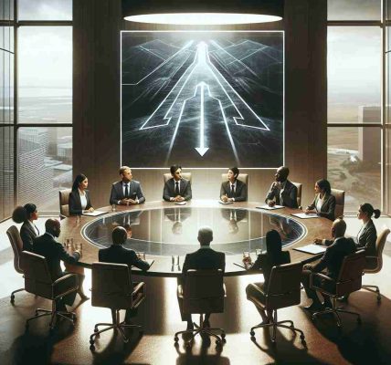 Generate a high-definition, realistic image illustrating the concept of a new leadership paradigm forcing changes within a company's direction. Depict a large corporate room with a round table in the middle. Seated around the table are executives of multiple descents and genders equally distributed - South Asian woman, Middle-Eastern man, Black woman, Caucasian man, Hispanic woman engaged in a serious discussion. There should be a transparent chalkboard where one of the executives is drawing a diverging path, symbolizing the new direction of the company. The ambience should communicate a powerful, transitional moment.