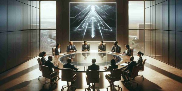 Generate a high-definition, realistic image illustrating the concept of a new leadership paradigm forcing changes within a company's direction. Depict a large corporate room with a round table in the middle. Seated around the table are executives of multiple descents and genders equally distributed - South Asian woman, Middle-Eastern man, Black woman, Caucasian man, Hispanic woman engaged in a serious discussion. There should be a transparent chalkboard where one of the executives is drawing a diverging path, symbolizing the new direction of the company. The ambience should communicate a powerful, transitional moment.