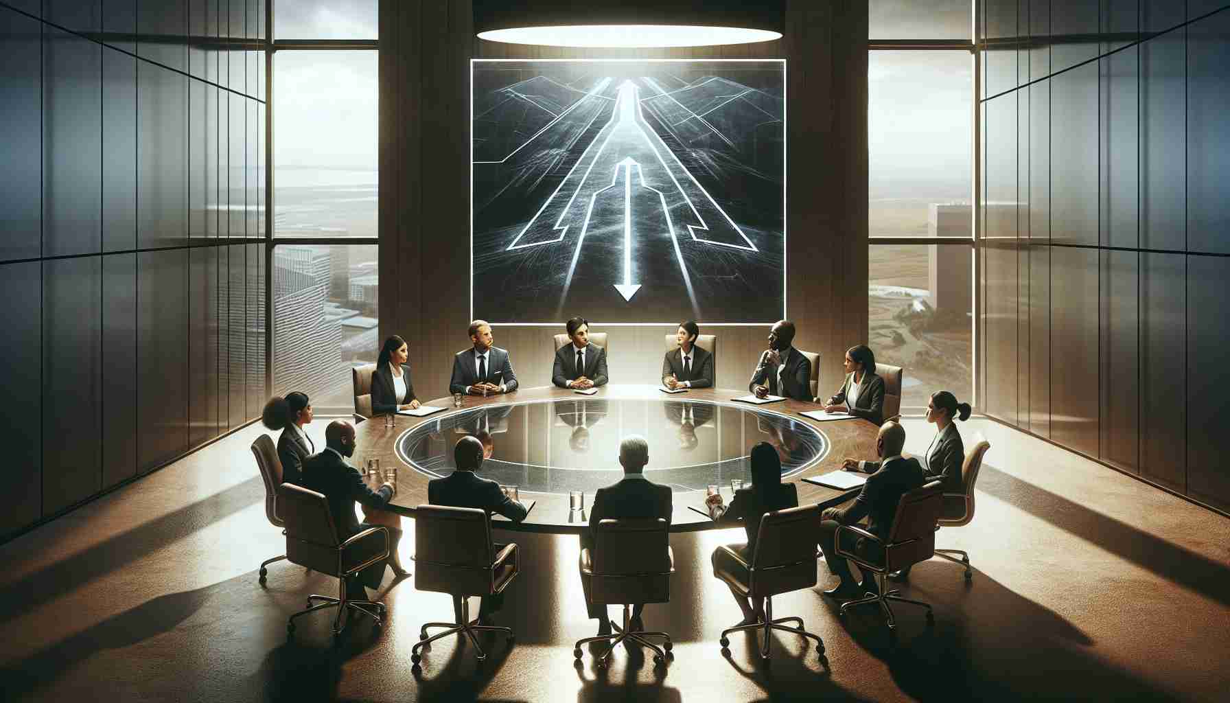 Generate a high-definition, realistic image illustrating the concept of a new leadership paradigm forcing changes within a company's direction. Depict a large corporate room with a round table in the middle. Seated around the table are executives of multiple descents and genders equally distributed - South Asian woman, Middle-Eastern man, Black woman, Caucasian man, Hispanic woman engaged in a serious discussion. There should be a transparent chalkboard where one of the executives is drawing a diverging path, symbolizing the new direction of the company. The ambience should communicate a powerful, transitional moment.