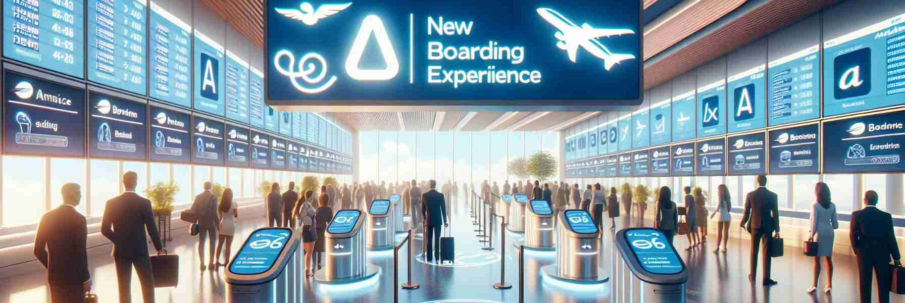 A high definition image showcasing a new enhanced boarding experience introduced by a popular American airline. The scene includes passengers waiting in clearly designated lanes with digital signage indicating different boarding groups. Stylized logos for the airline are subtly incorporated into the design. The atmosphere is bustling yet organized, refelcting the efficient nature of the new process. Note to emphasis on factors that clearly highlight the enhancement such as increased spaciousness, improved organization, or innovative ticket scanning technologies.