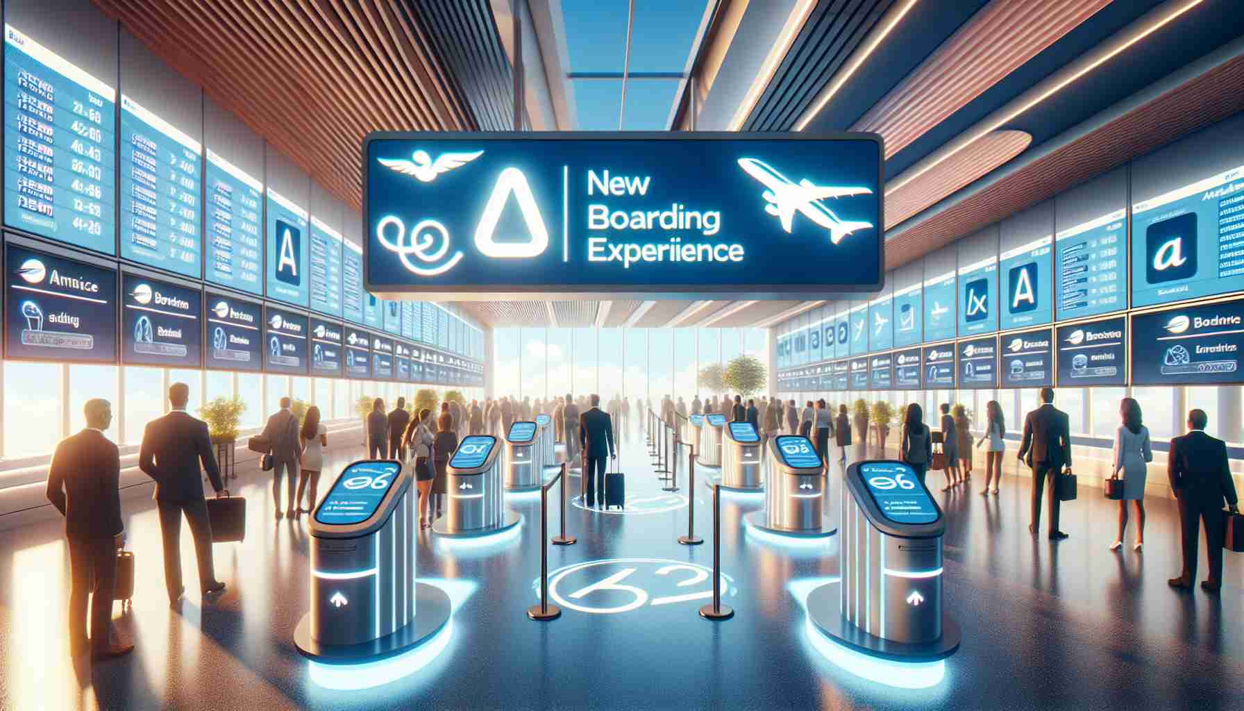 A high definition image showcasing a new enhanced boarding experience introduced by a popular American airline. The scene includes passengers waiting in clearly designated lanes with digital signage indicating different boarding groups. Stylized logos for the airline are subtly incorporated into the design. The atmosphere is bustling yet organized, refelcting the efficient nature of the new process. Note to emphasis on factors that clearly highlight the enhancement such as increased spaciousness, improved organization, or innovative ticket scanning technologies.