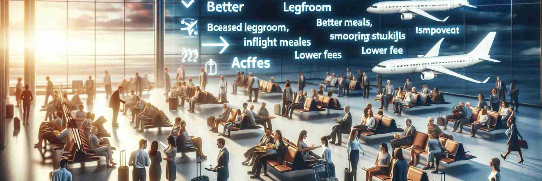 A high-definition, realistic image illustrating the scenario of new air travel regulations benefiting passengers. Depict a diverse set of travellers, to include genders and races, in an airport environment. There could be visuals of passengers enjoying increased legroom, better inflight meals, smoother check-in processes, lower fees, or showing satisfaction with improved customer service at the airport. Incorporated text can include phrases like 'New Air Travel Regulations' and 'Benefit Passengers' contributing to the scene.