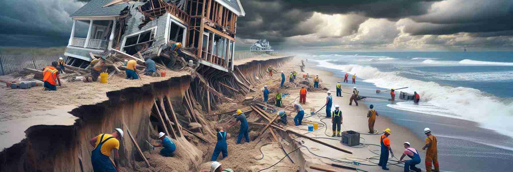 Generate a high-definition, realistic image portraying coastal preservation efforts. The scene depicts workers actively putting measures in place to curb beach erosion in light of a nearby beach house collapsing. The crumbling beach house is visibly damaged with parts of its structure already succumbing to the force of the ocean. The workers in the image are a diverse group of men and women from various descents including Caucasian, Hispanic, and Black. The sky above them is a mix of ominous storm clouds and some clear patches, insinuating an impending storm.