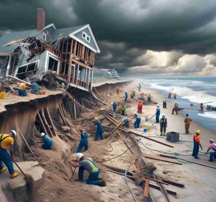 Generate a high-definition, realistic image portraying coastal preservation efforts. The scene depicts workers actively putting measures in place to curb beach erosion in light of a nearby beach house collapsing. The crumbling beach house is visibly damaged with parts of its structure already succumbing to the force of the ocean. The workers in the image are a diverse group of men and women from various descents including Caucasian, Hispanic, and Black. The sky above them is a mix of ominous storm clouds and some clear patches, insinuating an impending storm.