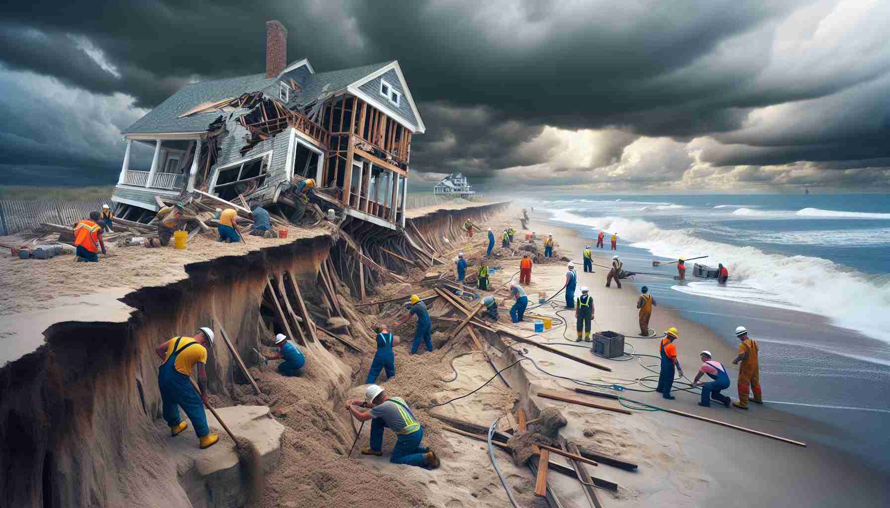 Generate a high-definition, realistic image portraying coastal preservation efforts. The scene depicts workers actively putting measures in place to curb beach erosion in light of a nearby beach house collapsing. The crumbling beach house is visibly damaged with parts of its structure already succumbing to the force of the ocean. The workers in the image are a diverse group of men and women from various descents including Caucasian, Hispanic, and Black. The sky above them is a mix of ominous storm clouds and some clear patches, insinuating an impending storm.