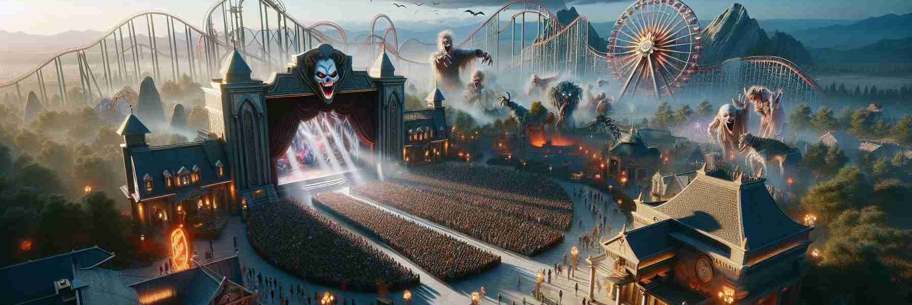 A high-definition, realistic illustration of a thrilling horror spectacle being unveiled at a major theme park. The scene features heart-stopping decorations, eerie atmosphere, masses of excited crowds, waiting with bated breath for the grand reveal. Dramatic lighting illuminates the park, casting long, spooky shadows around the corners. Prominent features of the park can be seen in the background, including a big, awe-inspiring Ferris wheel, extravagant roller coasters, and themed buildings. No specific logotypes or trademarks should be visible.