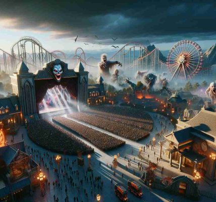 A high-definition, realistic illustration of a thrilling horror spectacle being unveiled at a major theme park. The scene features heart-stopping decorations, eerie atmosphere, masses of excited crowds, waiting with bated breath for the grand reveal. Dramatic lighting illuminates the park, casting long, spooky shadows around the corners. Prominent features of the park can be seen in the background, including a big, awe-inspiring Ferris wheel, extravagant roller coasters, and themed buildings. No specific logotypes or trademarks should be visible.