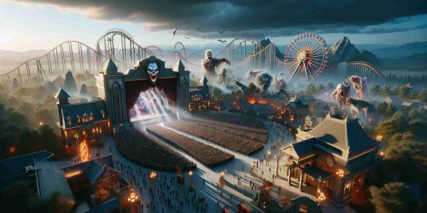 A high-definition, realistic illustration of a thrilling horror spectacle being unveiled at a major theme park. The scene features heart-stopping decorations, eerie atmosphere, masses of excited crowds, waiting with bated breath for the grand reveal. Dramatic lighting illuminates the park, casting long, spooky shadows around the corners. Prominent features of the park can be seen in the background, including a big, awe-inspiring Ferris wheel, extravagant roller coasters, and themed buildings. No specific logotypes or trademarks should be visible.