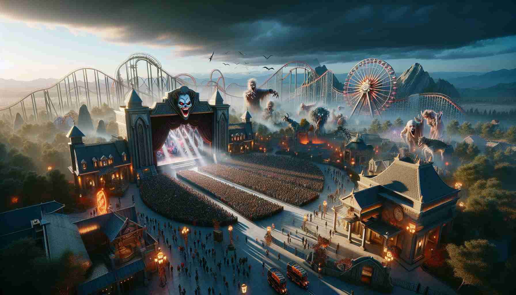 A high-definition, realistic illustration of a thrilling horror spectacle being unveiled at a major theme park. The scene features heart-stopping decorations, eerie atmosphere, masses of excited crowds, waiting with bated breath for the grand reveal. Dramatic lighting illuminates the park, casting long, spooky shadows around the corners. Prominent features of the park can be seen in the background, including a big, awe-inspiring Ferris wheel, extravagant roller coasters, and themed buildings. No specific logotypes or trademarks should be visible.