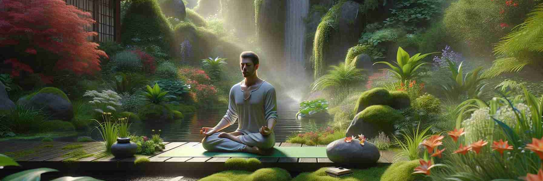 Realistic high-definition image of a serene setting depicting the benefits of mindful breathing techniques. The scene includes a person of Caucasian descent peacefully seated on a green yoga mat in traditional meditation posture. They are in a tranquil garden filled with various lush plants and flowers, with a small waterfall in the background. The person's calm expression and relaxed posture effectively portray the profound tranquility gained from practicing such techniques. The image includes visually descriptive cues such as the person's slowly rising and falling chest, and a soft glow around them, to suggest a strong, peaceful aura radiating from their meditation practice.