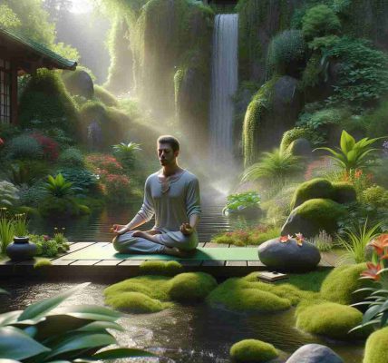 Realistic high-definition image of a serene setting depicting the benefits of mindful breathing techniques. The scene includes a person of Caucasian descent peacefully seated on a green yoga mat in traditional meditation posture. They are in a tranquil garden filled with various lush plants and flowers, with a small waterfall in the background. The person's calm expression and relaxed posture effectively portray the profound tranquility gained from practicing such techniques. The image includes visually descriptive cues such as the person's slowly rising and falling chest, and a soft glow around them, to suggest a strong, peaceful aura radiating from their meditation practice.