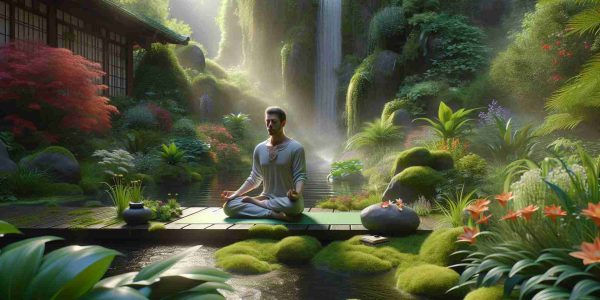 Realistic high-definition image of a serene setting depicting the benefits of mindful breathing techniques. The scene includes a person of Caucasian descent peacefully seated on a green yoga mat in traditional meditation posture. They are in a tranquil garden filled with various lush plants and flowers, with a small waterfall in the background. The person's calm expression and relaxed posture effectively portray the profound tranquility gained from practicing such techniques. The image includes visually descriptive cues such as the person's slowly rising and falling chest, and a soft glow around them, to suggest a strong, peaceful aura radiating from their meditation practice.