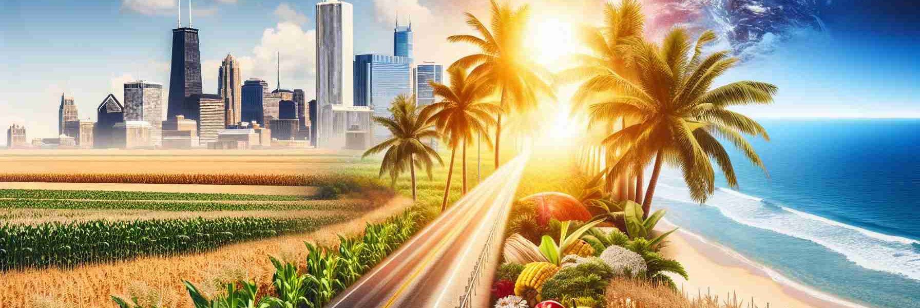 A high-definition, realistic image capturing the exciting journey from the Midwest to the Sunshine State. The composition should include details that signify the Midwest like farmlands, cornfields, or flat prairies beginning to the picture. The transition into the Sunshine State is marked by lush palms, bright sunshine, sandy beaches and ocean views towards the end of the composition. The excitement and thrill of travel should be felt through the dynamism in the image.