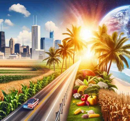 A high-definition, realistic image capturing the exciting journey from the Midwest to the Sunshine State. The composition should include details that signify the Midwest like farmlands, cornfields, or flat prairies beginning to the picture. The transition into the Sunshine State is marked by lush palms, bright sunshine, sandy beaches and ocean views towards the end of the composition. The excitement and thrill of travel should be felt through the dynamism in the image.