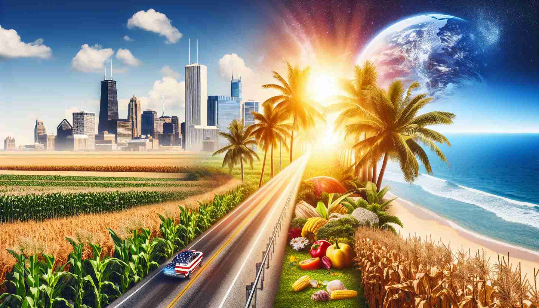 A high-definition, realistic image capturing the exciting journey from the Midwest to the Sunshine State. The composition should include details that signify the Midwest like farmlands, cornfields, or flat prairies beginning to the picture. The transition into the Sunshine State is marked by lush palms, bright sunshine, sandy beaches and ocean views towards the end of the composition. The excitement and thrill of travel should be felt through the dynamism in the image.