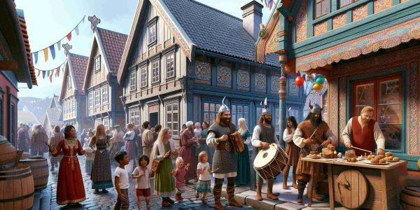 Create a high-definition, realistic image showcasing the Scandinavian Heritage in Lindsborg. The scene should include traditional Scandinavian architecture, such as wooden houses with steep roofs and intricate decorations in bright colors. The street is populated with people of diverse descents, all enjoying the local festival. A Caucasian man in a Viking costume is playing an old Nordic instrument, and a South Asian woman is buying traditional Scandinavian baked goods from a stall. Middle-Eastern children are running around with balloons and a Black woman is taking photographs. Capture the joyful and diverse aspect of heritage exploration.