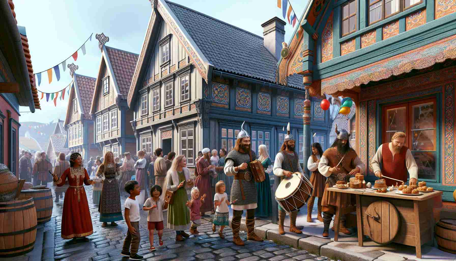 Create a high-definition, realistic image showcasing the Scandinavian Heritage in Lindsborg. The scene should include traditional Scandinavian architecture, such as wooden houses with steep roofs and intricate decorations in bright colors. The street is populated with people of diverse descents, all enjoying the local festival. A Caucasian man in a Viking costume is playing an old Nordic instrument, and a South Asian woman is buying traditional Scandinavian baked goods from a stall. Middle-Eastern children are running around with balloons and a Black woman is taking photographs. Capture the joyful and diverse aspect of heritage exploration.