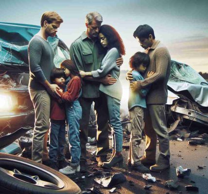 Generate a realistic, high-definition image that represents a tragic accident, focusing on the unbreakable bond of a family. This can be symbolized by the family's unity and strength during a challenging time. The family can include a Caucasian father, a South Asian mother, and their three children of mixed descent. Show them supporting each other amidst a scene of wreckage, maybe a car accident. They should be featured intact and unharmed, emphasizing their resilience and the profoundness of their bond.